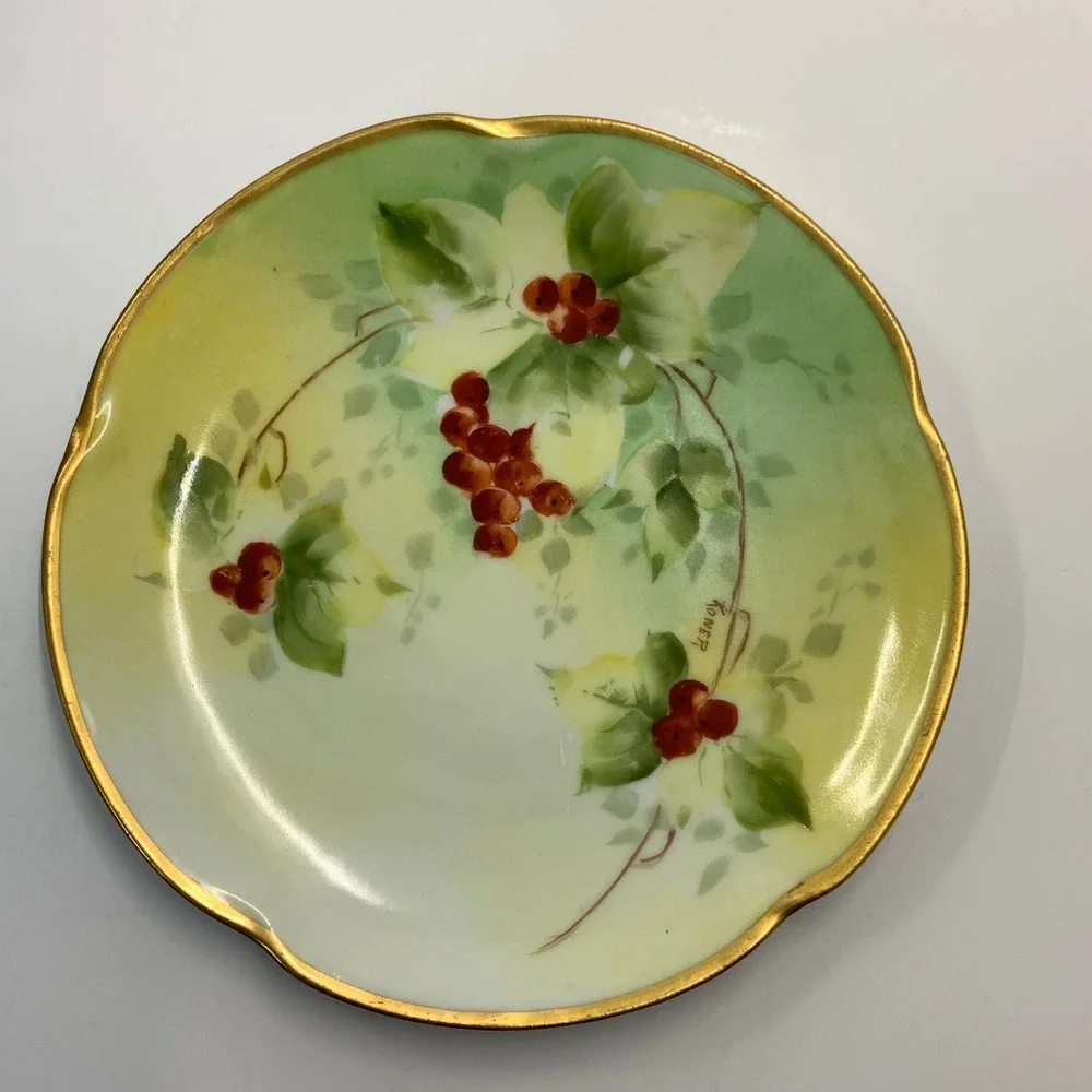 Vintage E W Donath Berry Pattern Porcelain Green Yellow 6 Inch Saucer Koner